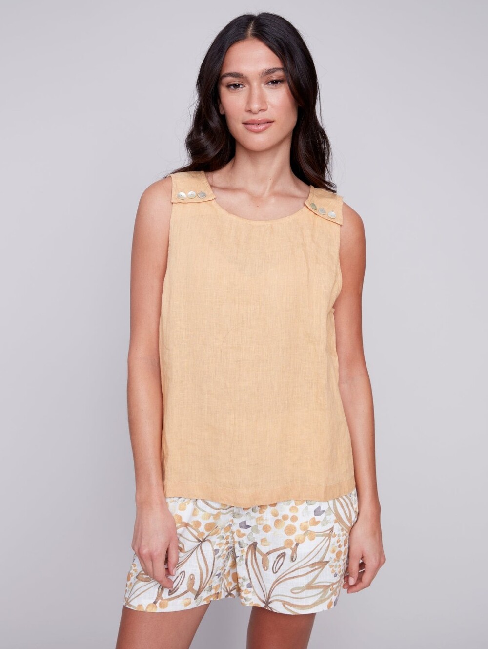NEW Charlie B Sleeveless Button Shoulder Pure Linen Tank Yellow Top Size Large